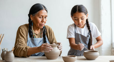 An older woman and a young girl are working together to create pottery. The woman is making a vase, while the girl is crafting a bowl. They are both focused on their respective projectsの素材