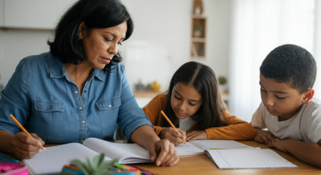 Woman is helping her children with their homework. She is writing in a book with a pencilの素材