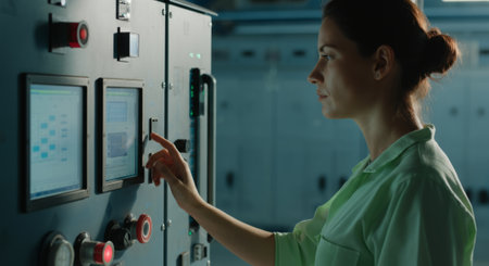 Woman is looking at a computer screen and pressing a button. The screen has a lot of numbers and symbolsの素材