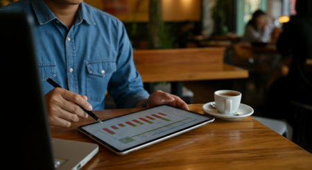 Man is sitting at a table with a tablet and a cup of coffee. He is writing on the tabletの素材
