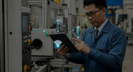 Man is looking at a tablet with a wifi symbol on it. He is wearing a blue jacketの素材