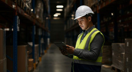Man in a safety vest is looking at a tablet. He is wearing a hard hat. The tablet is on his lapの素材
