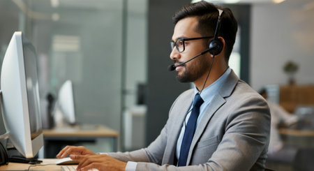 Man wearing a suit and tie is wearing a headset and typing on a computer. He is wearing glasses and has a beardの素材