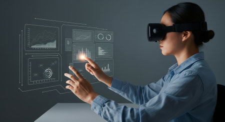 Woman wearing a virtual reality headset is touching a screen. The screen is showing a woman's handの素材