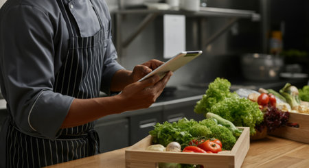 Chef is holding a tablet in front of a box of vegetables. The vegetables include tomatoes, lettuce, and carrotsの素材