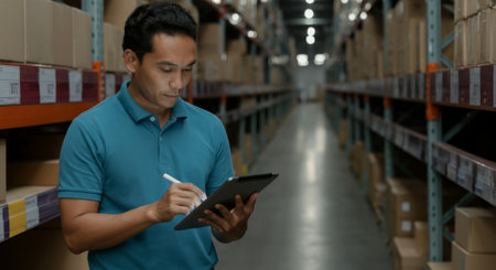 Man in a blue shirt is writing on a tablet. He is in a warehouse. The tablet is on his lapの素材