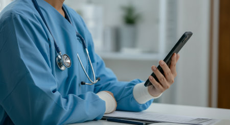 Doctor is holding a cell phone in his hand. He is wearing a blue lab coat. The phone is on a table in front of himの素材