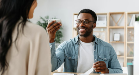 Man is sitting at a table with a woman. The man is holding a piece of paper and smilingの素材