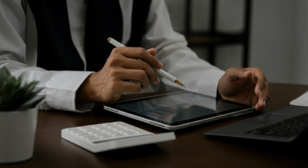 Man is using a tablet with a pen on it. There is a calculator on the tableの素材