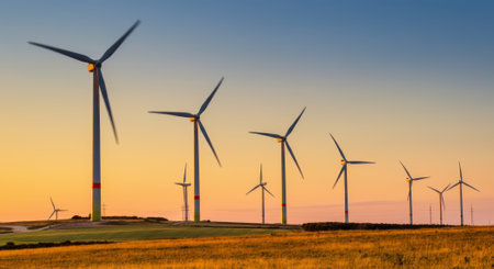 Row of wind turbines are lined up in a field. The windmills are all facing the same directionの素材