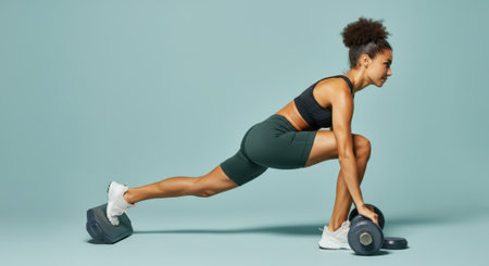 Woman is lifting weights. She is wearing a black tank top and green shorts. She is holding a dumbbell in each handの素材