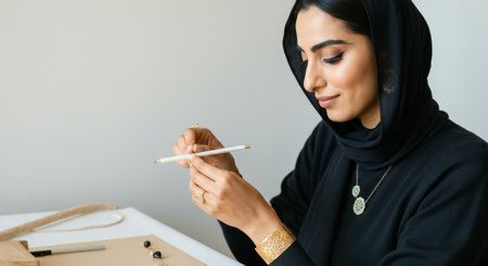 Woman wearing a black scarf is writing with a pencil. She is wearing a gold bracelet and a gold necklaceの素材