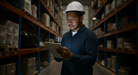 Man wearing a hard hat is looking at a tablet. He is in a warehouse. The tablet is on his lapの素材