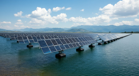 Large body of water with a row of solar panels on the shore. The panels are connected to a power gridの素材