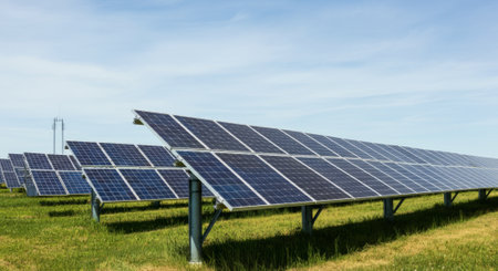 Row of solar panels are lined up in a field. The panels are all facing the same directionの素材