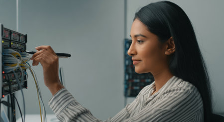 Woman is working on a computer. She is using a pen to write on a piece of paperの素材