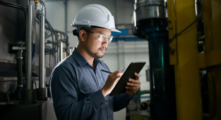 Man wearing a hard hat and safety glasses is writing on a tablet. He is using a pen to write on the tabletの素材
