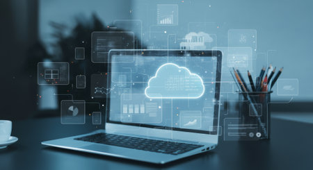 Laptop computer with a cloud icon on the screen. A pencil and a cup are on the table next to the laptopの素材