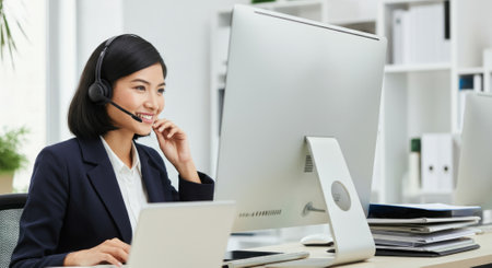 Woman is sitting at a desk with a computer monitor and a laptop. She is smiling and talking on the phoneの素材