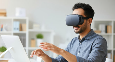 Man wearing a virtual reality headset is playing a game on a laptop. He is smiling and he is enjoying himselfの素材