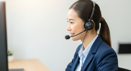 Woman wearing a headset and a blue suit is sitting at a desk. She is smiling and she is happyの素材
