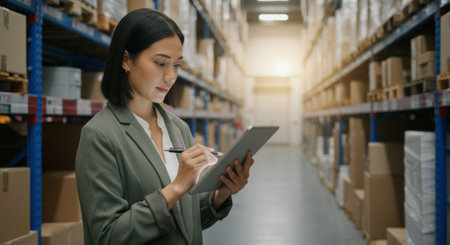 Woman in a suit is writing on a tablet. She is in a warehouse. The tablet is on her lapの素材