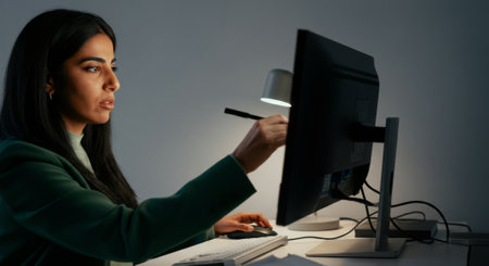 Woman is using a computer with a pen on the screen. She is wearing a green jacketの素材