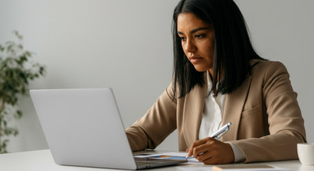 Woman is sitting at a desk with a laptop and a pen. She is writing on a piece of paperの素材