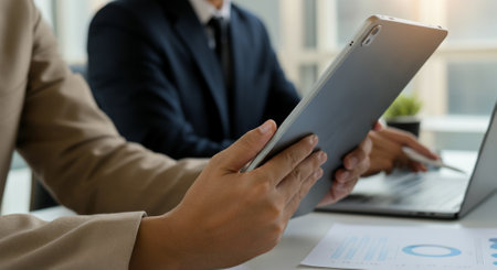 Person is holding a tablet in front of a laptop. The tablet is on the left side of the laptopの素材