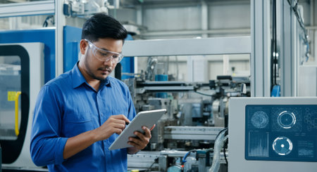 Man is looking at a tablet in a factory. The tablet is displaying a blue screen with a few numbers on itの素材