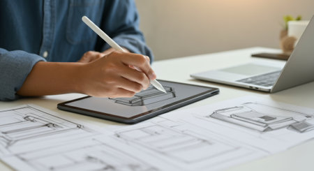 Person is drawing on a tablet with a stylus. The tablet is on a table next to a laptopの素材