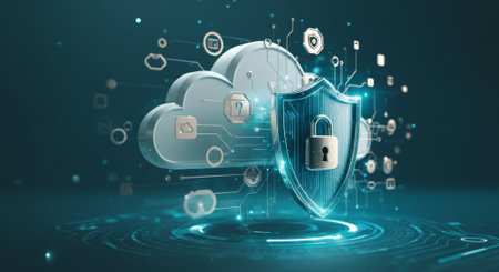 Computer security system is shown with a lock on it. The lock is surrounded by a cloud of iconsの素材