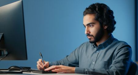 Man is writing on a computer. He is using a pen and a keyboard. The man is wearing a blue shirtの素材