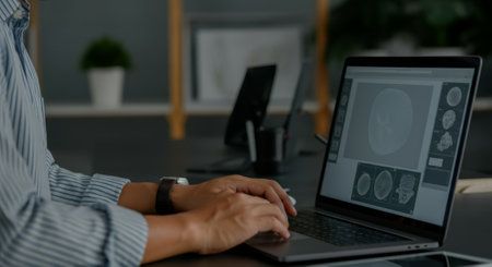 Person is typing on a laptop computer. The laptop is open to a screen with a drawing of a circleの素材