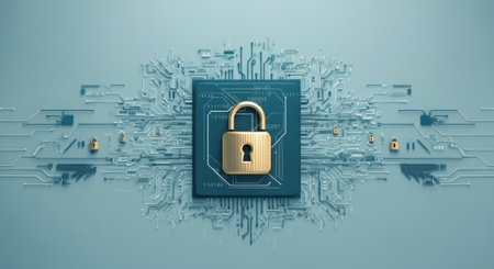 Computer chip with a gold lock on it. The lock is surrounded by a lot of other computer chipsの素材