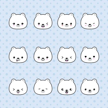 Set of Cartoon polar bear stickers. Funny and kawaii smiles, emoji, expressions, emoticonsのイラスト素材
