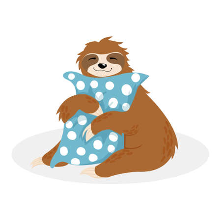 Hand drawn vector sitting cute sloth hug blue pillow with white dots. Scandinaian illustration of little animals in cartoons style isolated on white background. Kawaii lazy sloth sleeping on cushionのイラスト素材