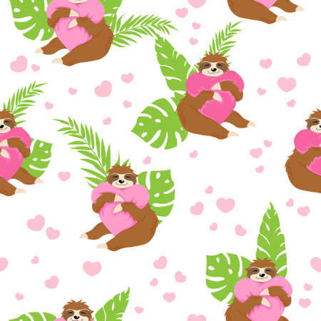Cute sloths bears huging pink hearts pillow on white background with green tropical leaves and hearts in cartoons style. Vector seamless pattern with little sloth. Print for St. Valentines dayのイラスト素材