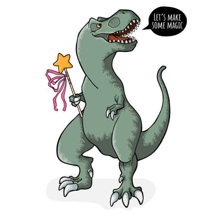 Cute tyrannosaurus rex with magic wand and speech bibble with text lets make some magic. Vector hand drawn illustration of dinosaur t-rex in cartoons style. Little dino in comix style.のイラスト素材