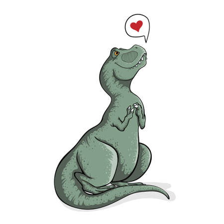 Sitting cute tyrannosaur rex with speech bubble and hearts. Hand drawn illustration of t-rex in cartoons style. Dino tyrannosaurus on white background isolated. Funny dinosaur.のイラスト素材