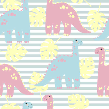 Vector seamless pattern with cute dinosaurus with tropicals leaves on stripes background in flat cartoons style. Childish repeated background with funny dinosaurs in kids doodle style.のイラスト素材