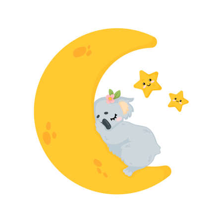 Hand drawn illustration of a cute koala bear with a flower wreath sleeping on the moon with two stars. Isolated on white background. Funny sleeping koala in childish cartoons style. のイラスト素材