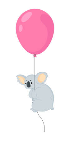 Hand drawn vector illustration of cute little koala bear flying on pink ball in cartoons style. Isolated on white background. Funny little koala with pink ball in childish style.のイラスト素材