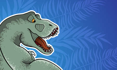 Vector background with hand drawn illustration of tyrannosaur in comix style with palce for text. Cute colorful t-rex in cartoons style with cope spaceのイラスト素材