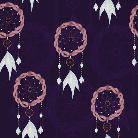 Vector hand drawn seamless pattern with dream catcher and feathers. Tribal background with hand drawn boho style elements feathers and dreamcatchers. Best for wrapping, textile or print designのイラスト素材