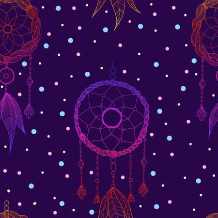 Hand drawn illustration with indian dreamcatchers and feathers on the black background. Seamless pattern. Vector illustration. Ethnic design, boho chic, tribal symbol. Good fabric, textile, wallpaperのイラスト素材