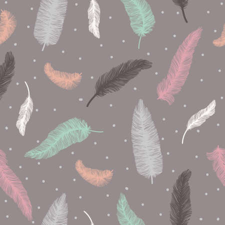 Vector hand drawn seamless pattern with birds fethers silhouette. Ethnic design, boho chic, tribal symbol. Good fabric, textile, wallpaperのイラスト素材