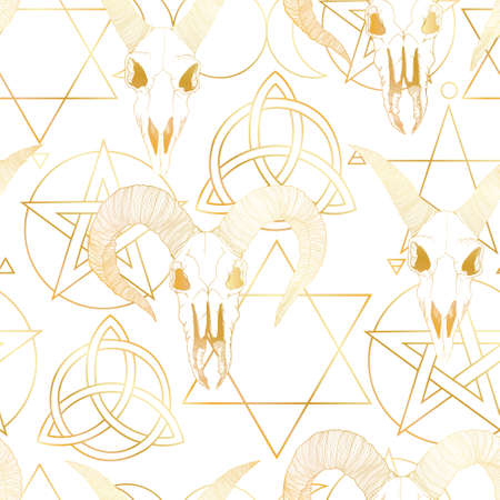 Vector hand drawn seamless pattern with magical astrology, Alchemy, spirituality and occultism symbol. In sketch style with goat skull illustration. Best for wrapping, wallpaper or textile designのイラスト素材