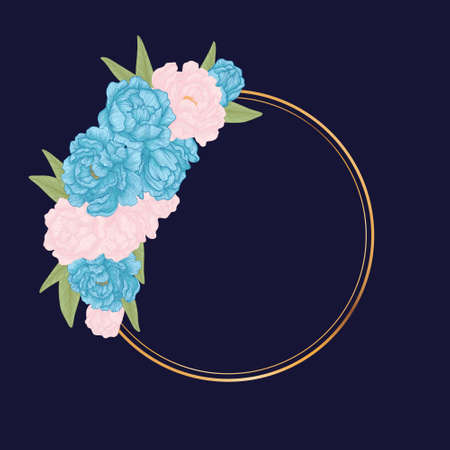 Vector circlet frame with hand drawn illustration of blue and pink peonies with leaves and gold round border on classic blue background. Best wor wedding design, brochure, leaflet and invintation.のイラスト素材