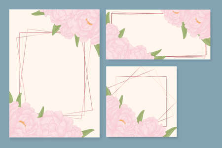 Vector wedding invitation set with peonies flowers on white with gold frame. Romantic floral design. Can be used for natural cosmetics, perfume, women products, greeting card, summer backgroundのイラスト素材